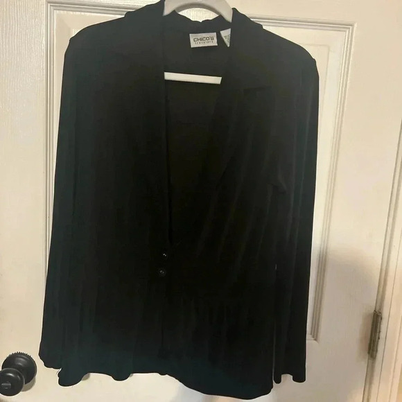 Chico’s Travelers Cardigan Women Size 1 med Open Front Black Slinky Top Stretch - Picture 1 of 4
